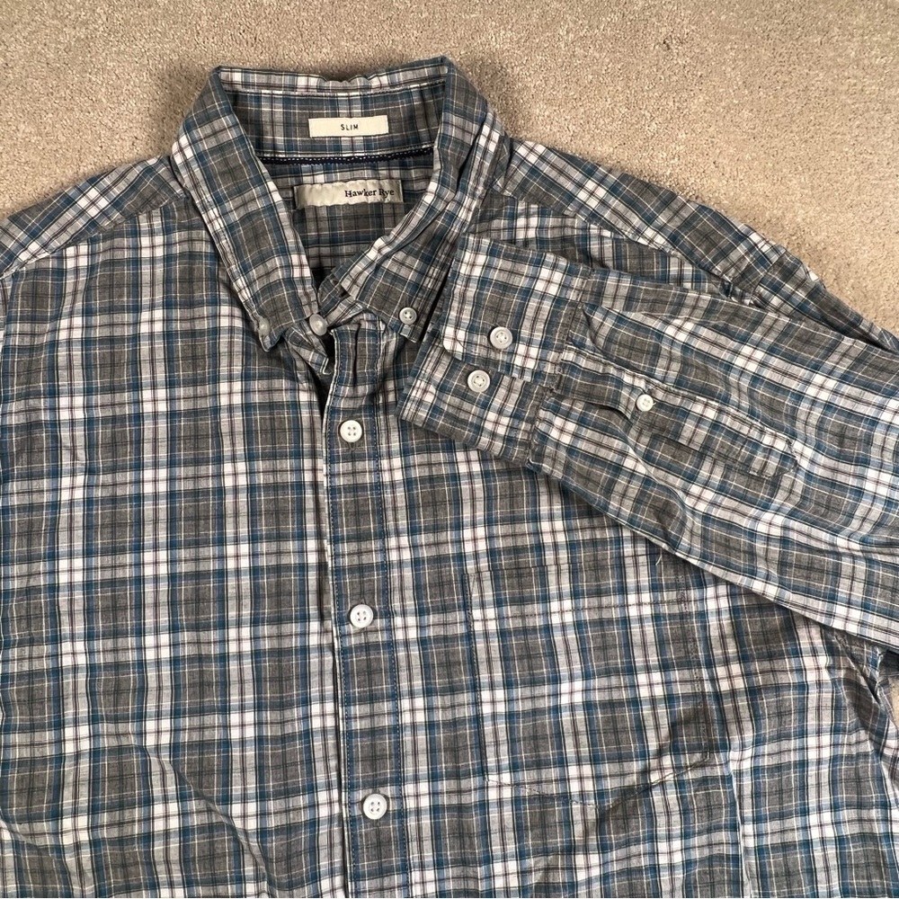 Hawker Rye Button Down Plaid Cotton Slim Casual Shirt Gray Teal Men's Large Tall